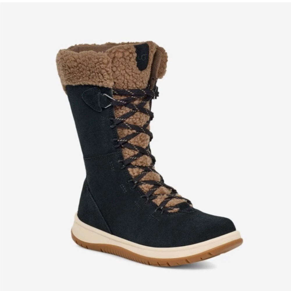 UGG Lakesider Tall Lace Boots Black Brown Water Resistant Size 6.5 New Faux Fur